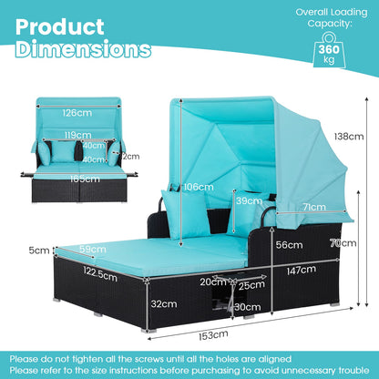 Garden Rattan Daybed with Retractable Canopy and Cushions-Turquoise