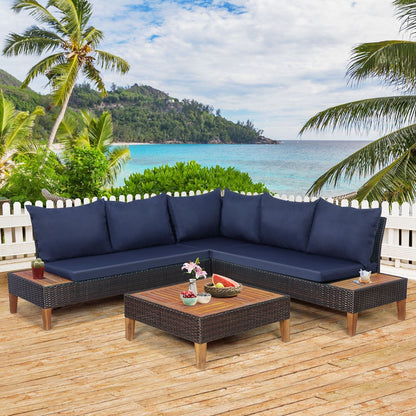 4 Pieces Patio Rattan Furniture Set with Removable Cushions and Pillows-Navy