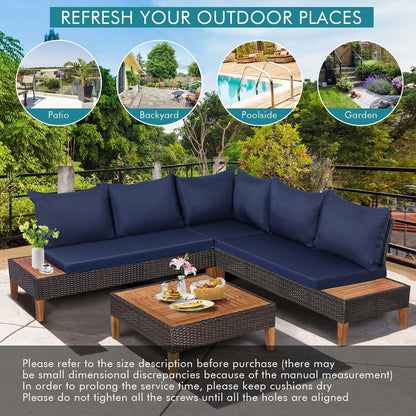 4 Pieces Patio Rattan Furniture Set with Removable Cushions and Pillows-Navy