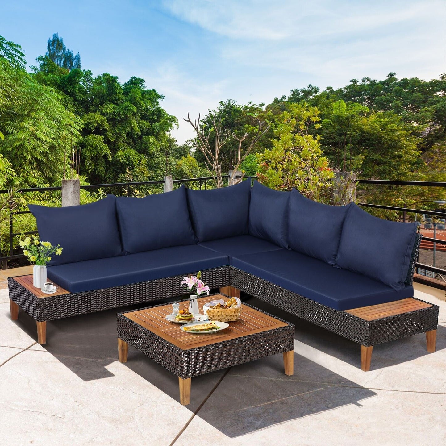 4 Pieces Patio Rattan Furniture Set with Removable Cushions and Pillows-Navy