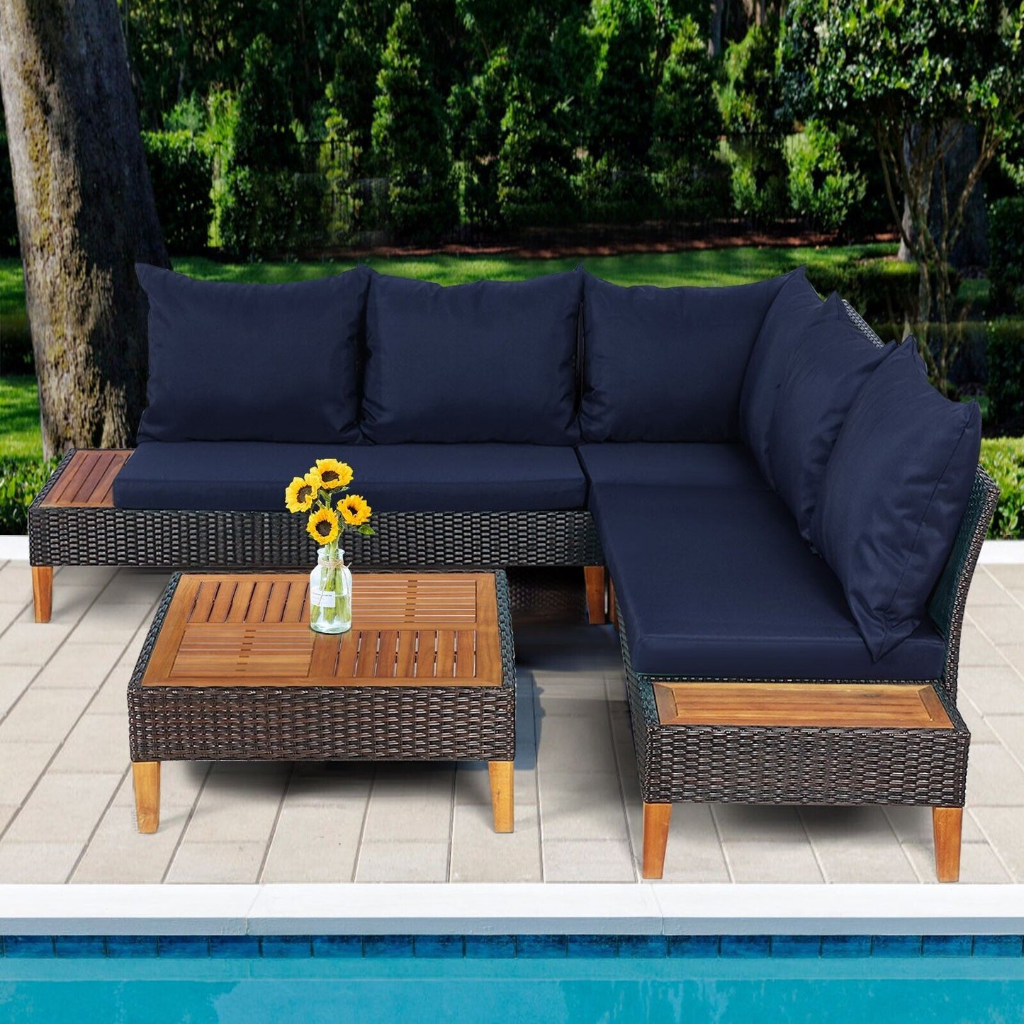 4 Pieces Patio Rattan Furniture Set with Removable Cushions and Pillows-Navy