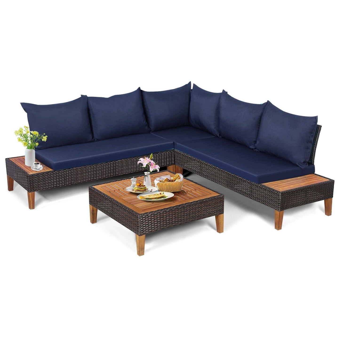 4 Pieces Patio Rattan Furniture Set with Removable Cushions and Pillows-Navy