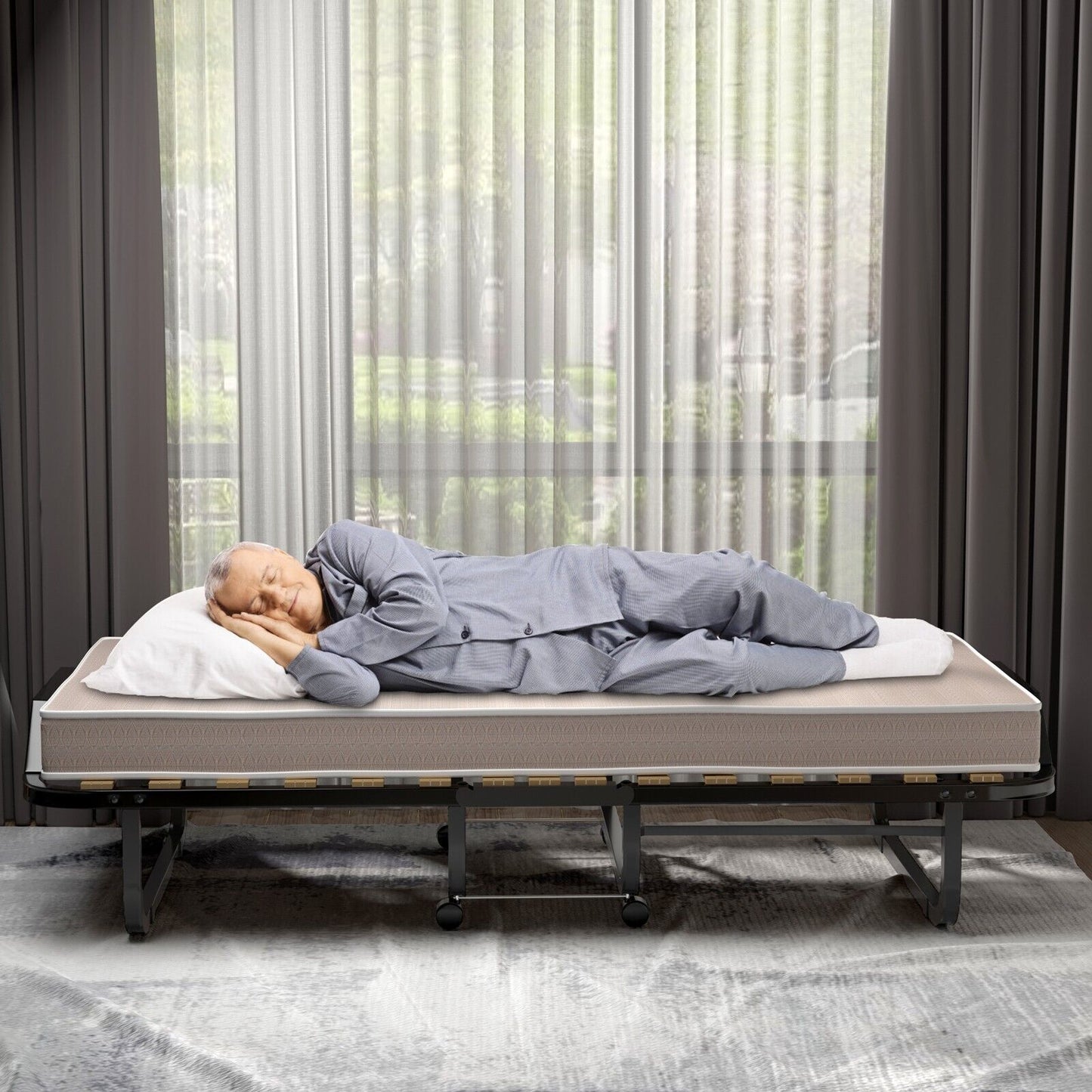 Folding Bed with 10cm Memory Foam Mattress and Wheels-White