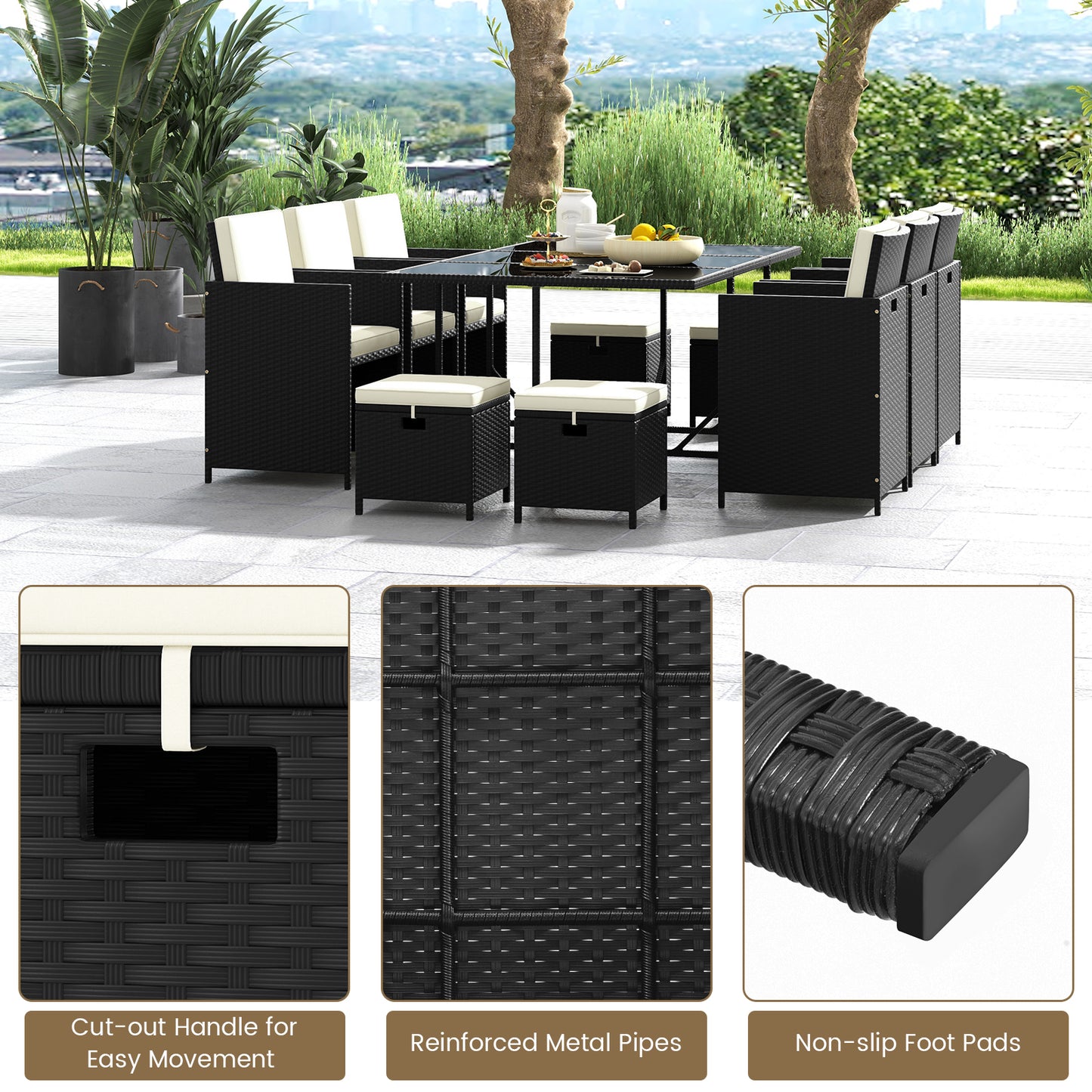 11 Pieces Patio Dining Set with Ottomans for Garden Yard Poolside-White