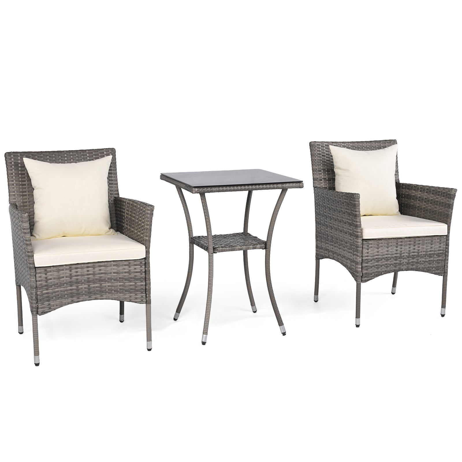 3 Pieces Patio Wicker Bistro Set 2 Rattan Chairs with Double-Tier Tempered Glass Table-Off White