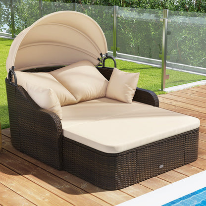 PE Rattan Daybed with Retractable Canopy and Soft Cushions for Backyard-Brown