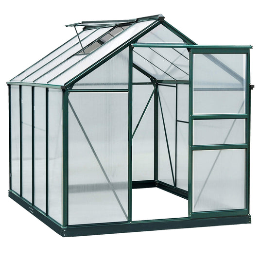 Outsunny 6 x 8ft Poliwęglanowa szklarnia, duża szklarnia typu walk-in z przesuwanymi drzwiami i oknem, domek do uprawy roślin ogrodowych z aluminiową ramą i fundamentem, ciemnozielony
