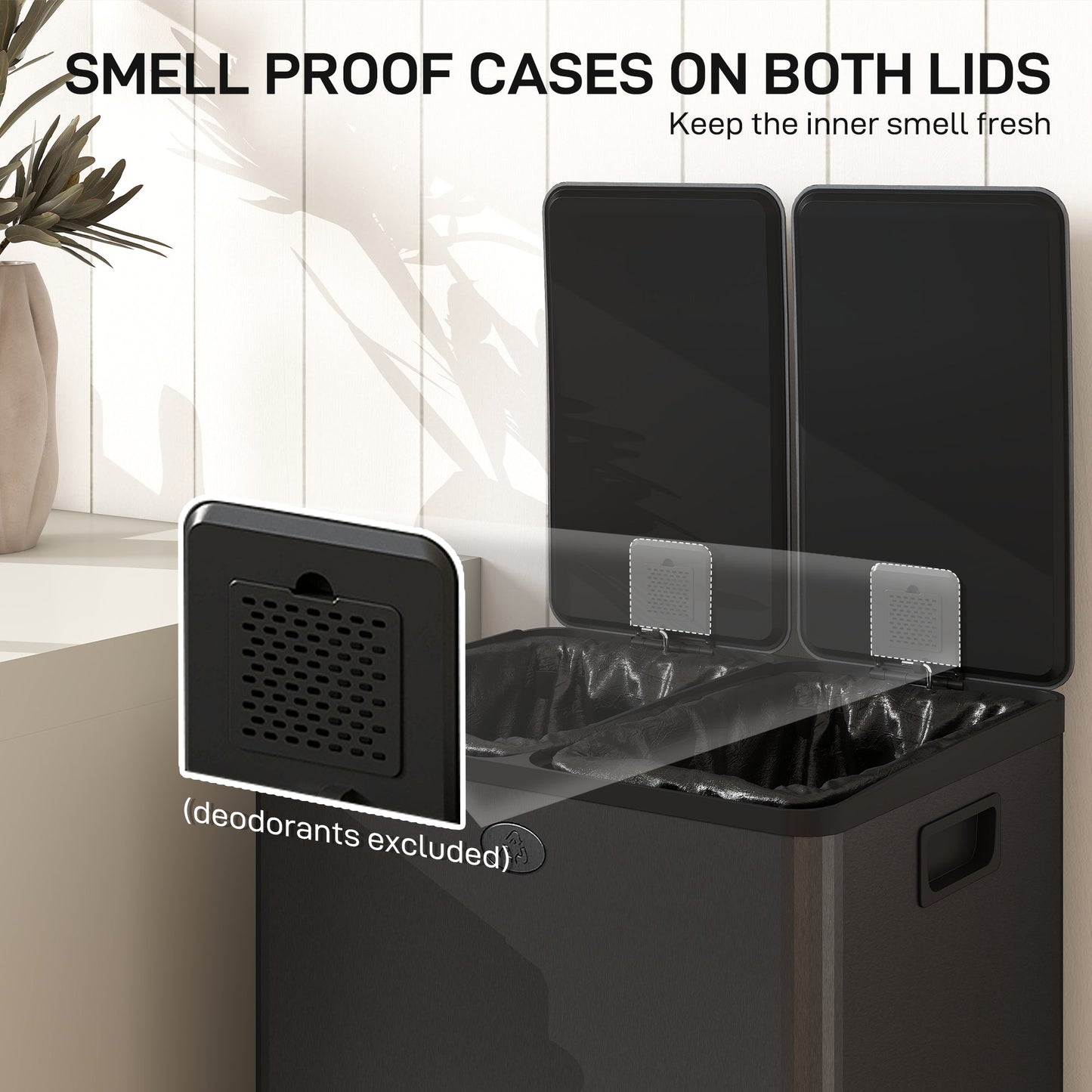 HOMCOM 56L Dual Compartment Stainless Steel Bin, with Deodoriser Holders - Black