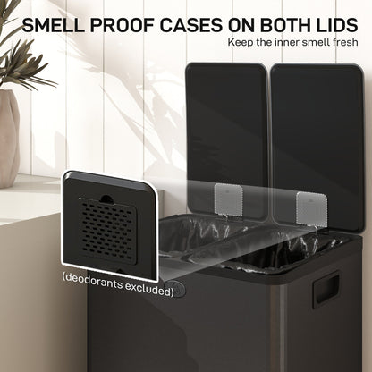 HOMCOM 56L Dual Compartment Stainless Steel Bin, with Deodoriser Holders - Black