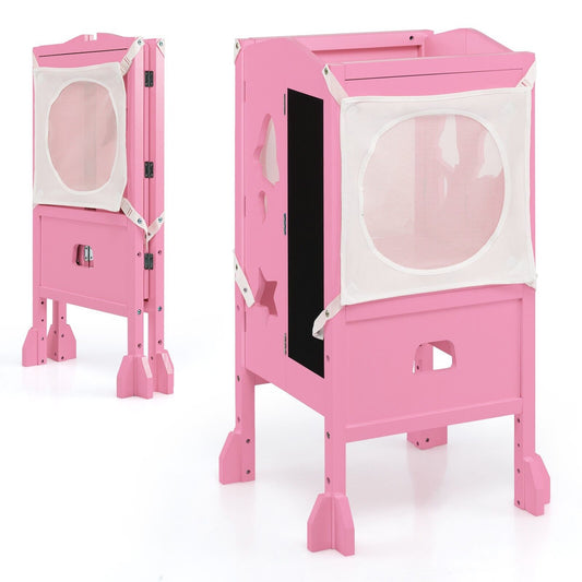 Wooden Kids Kitchen Step Stool with Blackboard-Pink