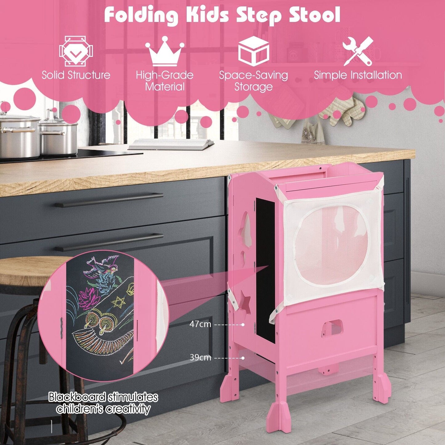 Wooden Kids Kitchen Step Stool with Blackboard-Pink