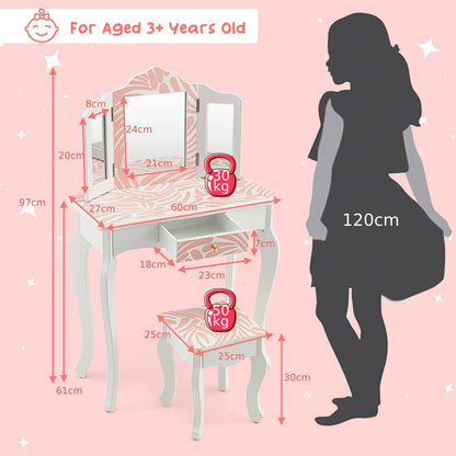 2 in 1 Kids Vanity Table and Stool Set for Girl Children-Pink Zebra-stripe Print