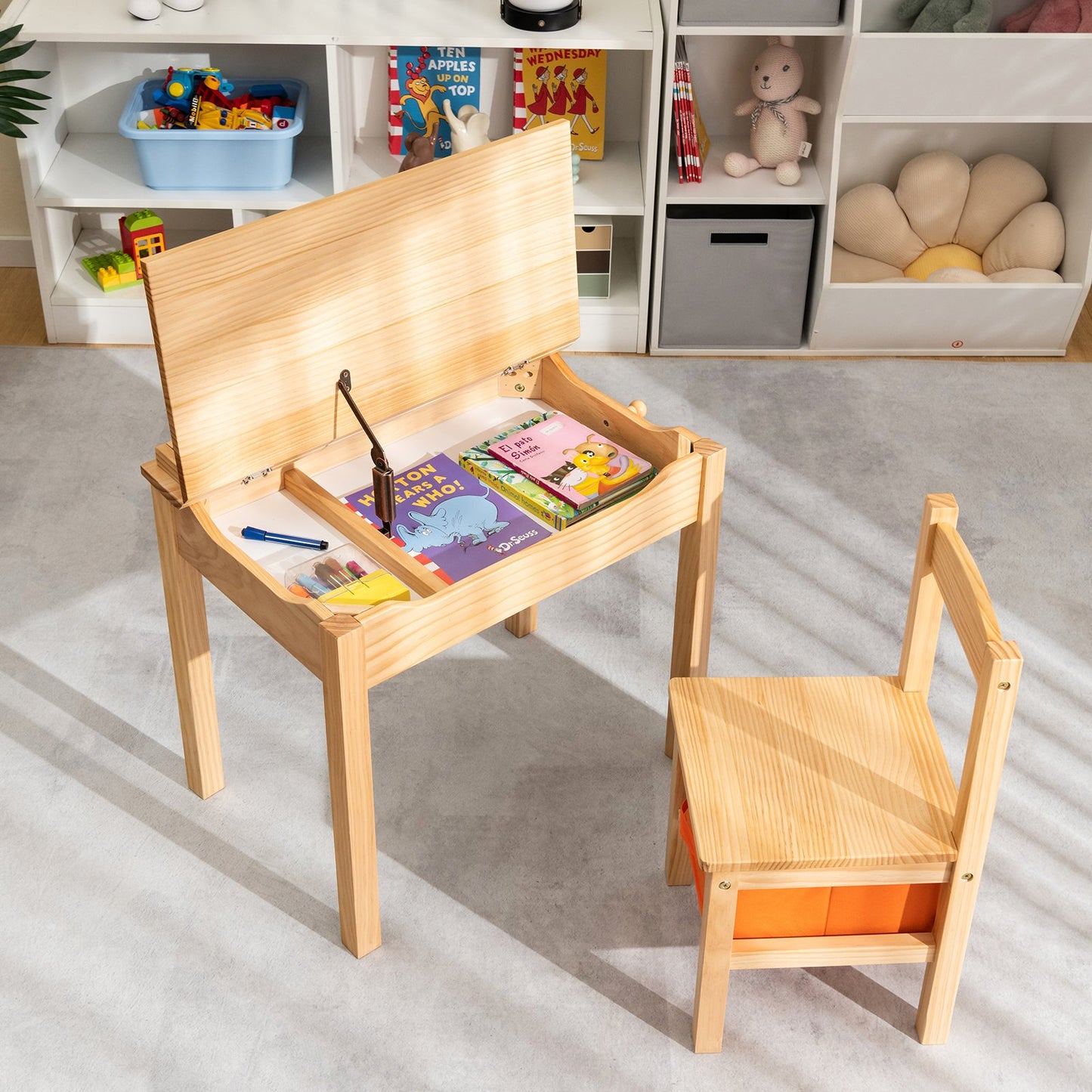 Kids Table and Chair Set with Hidden Space and Hook-Natural