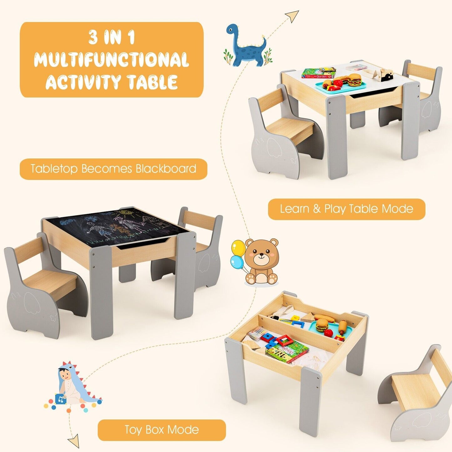 4-in-1 Wooden Kids Table and Chair Set with Hidden Storage-Grey