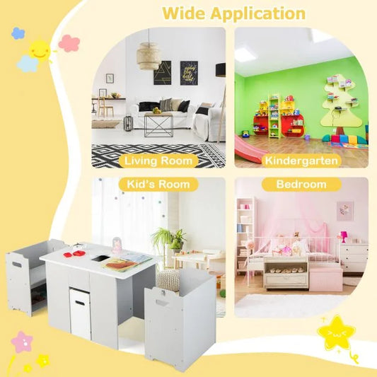 4-in-1 Kids Table and Chairs Set with 2 Stackable Chairs-Grey