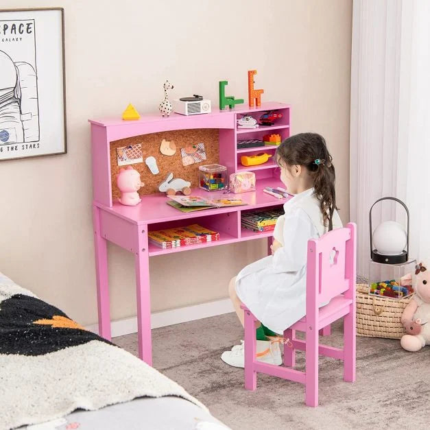 Wooden Kids Desk and Chair Set with Hutch for Studying and Reading-Pink