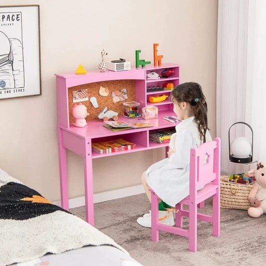 Wooden Kids Desk and Chair Set with Hutch for Studying and Reading-Pink