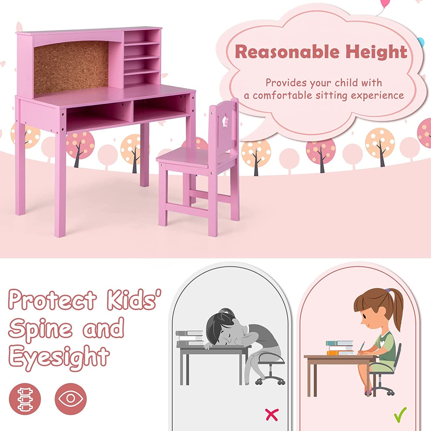 Wooden Kids Desk and Chair Set with Hutch for Studying and Reading-Pink