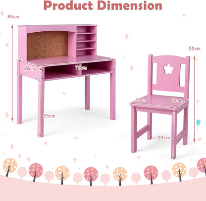 Wooden Kids Desk and Chair Set with Hutch for Studying and Reading-Pink