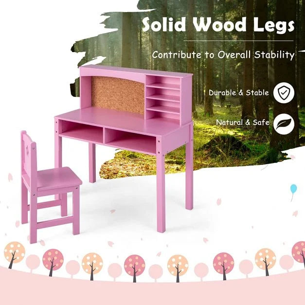 Wooden Kids Desk and Chair Set with Hutch for Studying and Reading-Pink