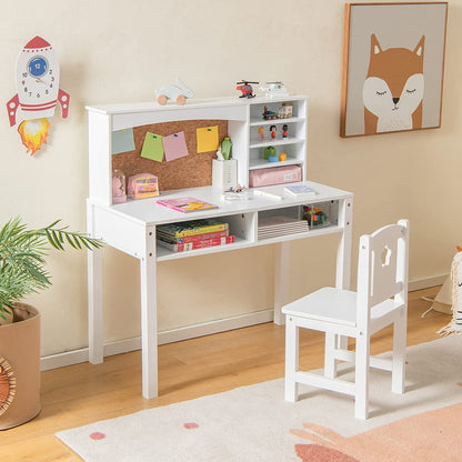 Wooden Kids Desk and Chair Set with Hutch for Studying and Reading-White