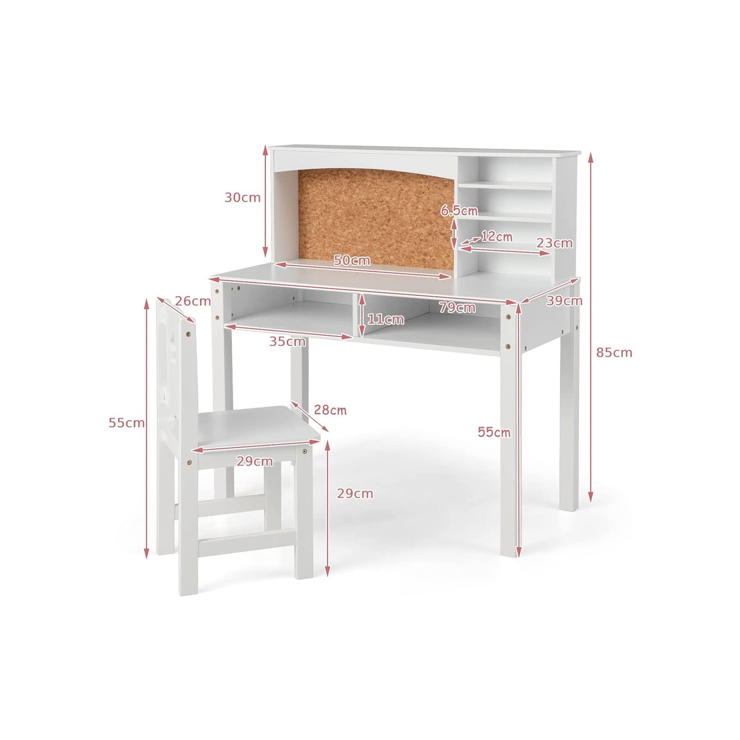 Wooden Kids Desk and Chair Set with Hutch for Studying and Reading-White