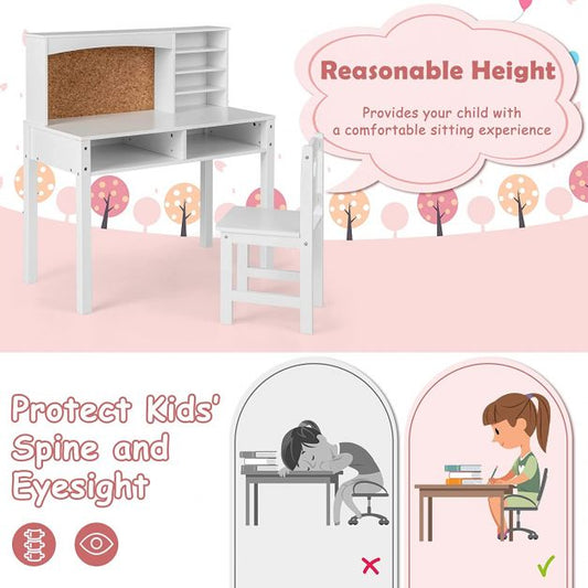 Wooden Kids Desk and Chair Set with Hutch for Studying and Reading-White