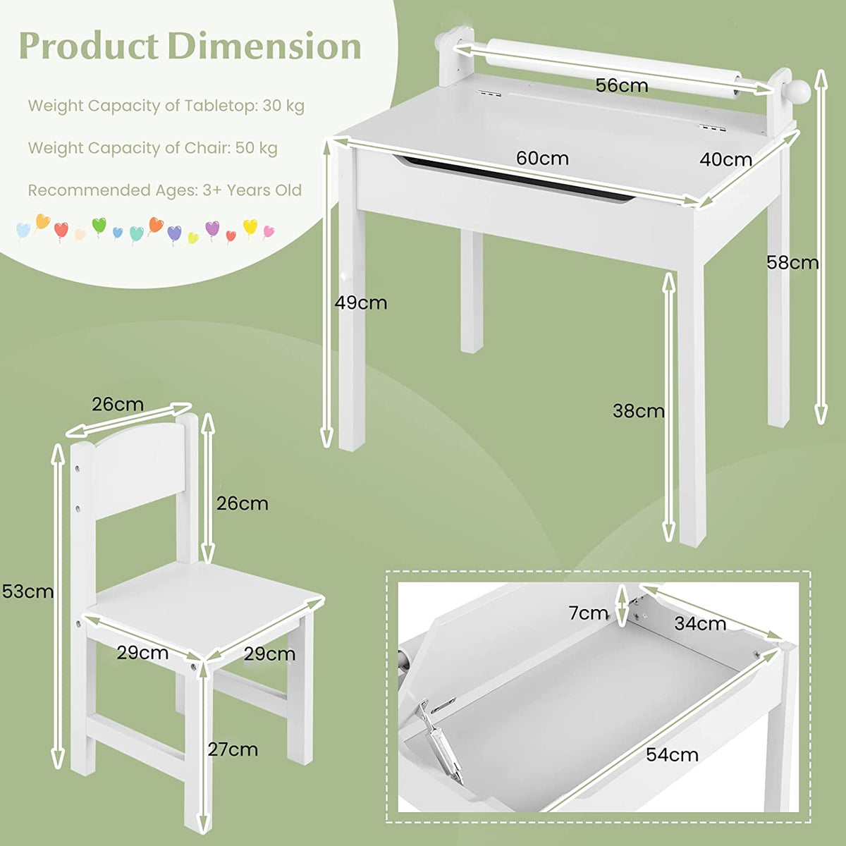 Kids Table and Chair Set with Paper Roll-White
