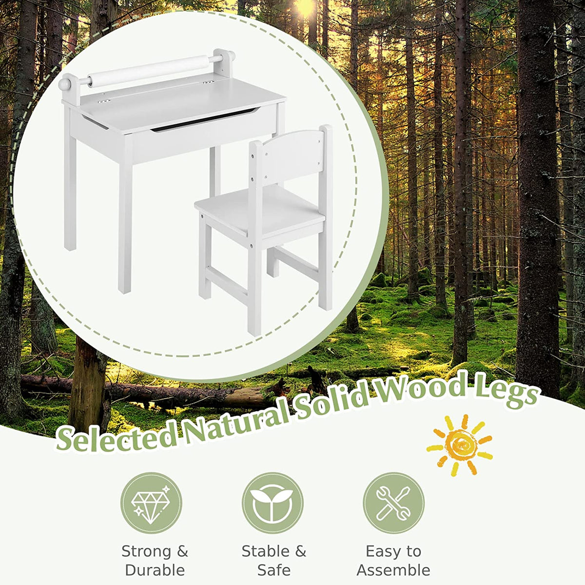 Kids Table and Chair Set with Paper Roll-White