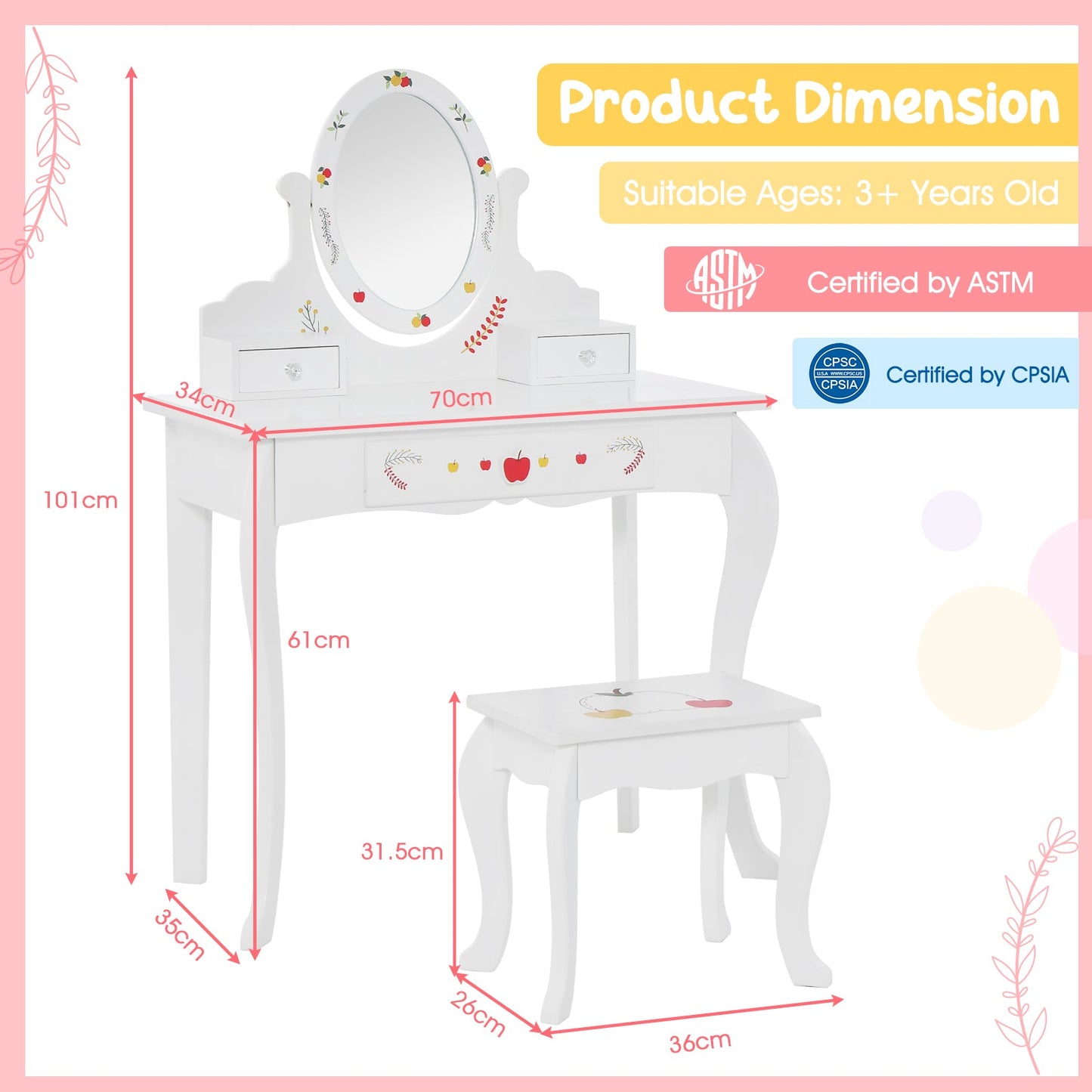 Princess Pretend Play Kids Vanity Set with 360° Rotating Mirror-White