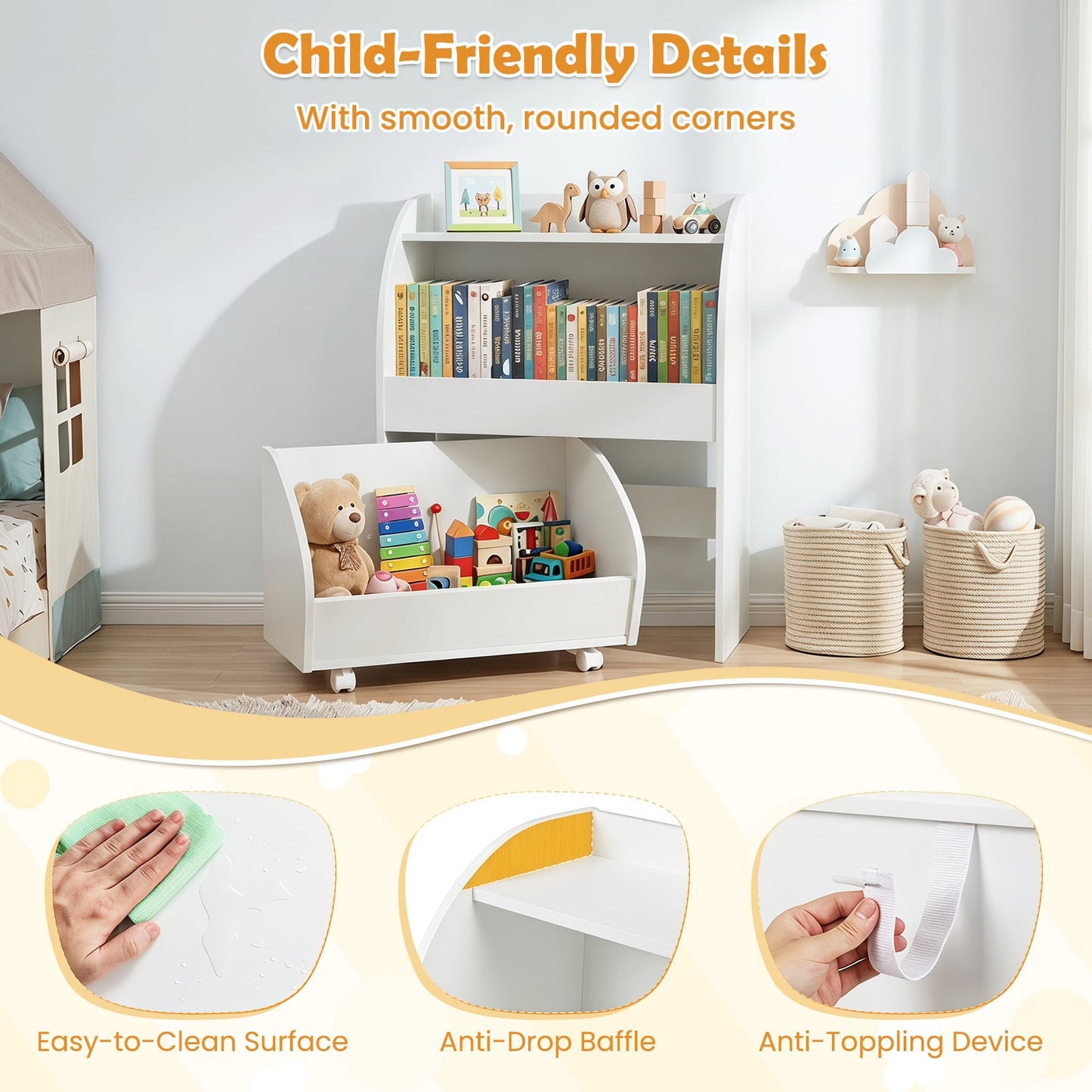 Children's Toy Storage Shelf with 2 Open Shelves and a Wheeled Drawer for Children's Bedroom-White