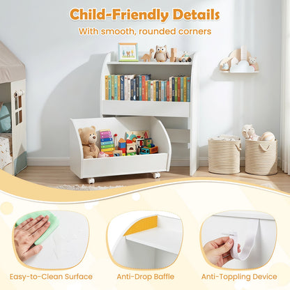 Children's Toy Storage Shelf with 2 Open Shelves and a Wheeled Drawer for Children's Bedroom-White