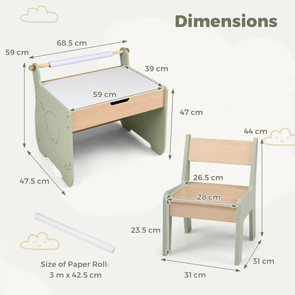 Kids Art Table and Chair Set with Paper Roll for Drawing-Green
