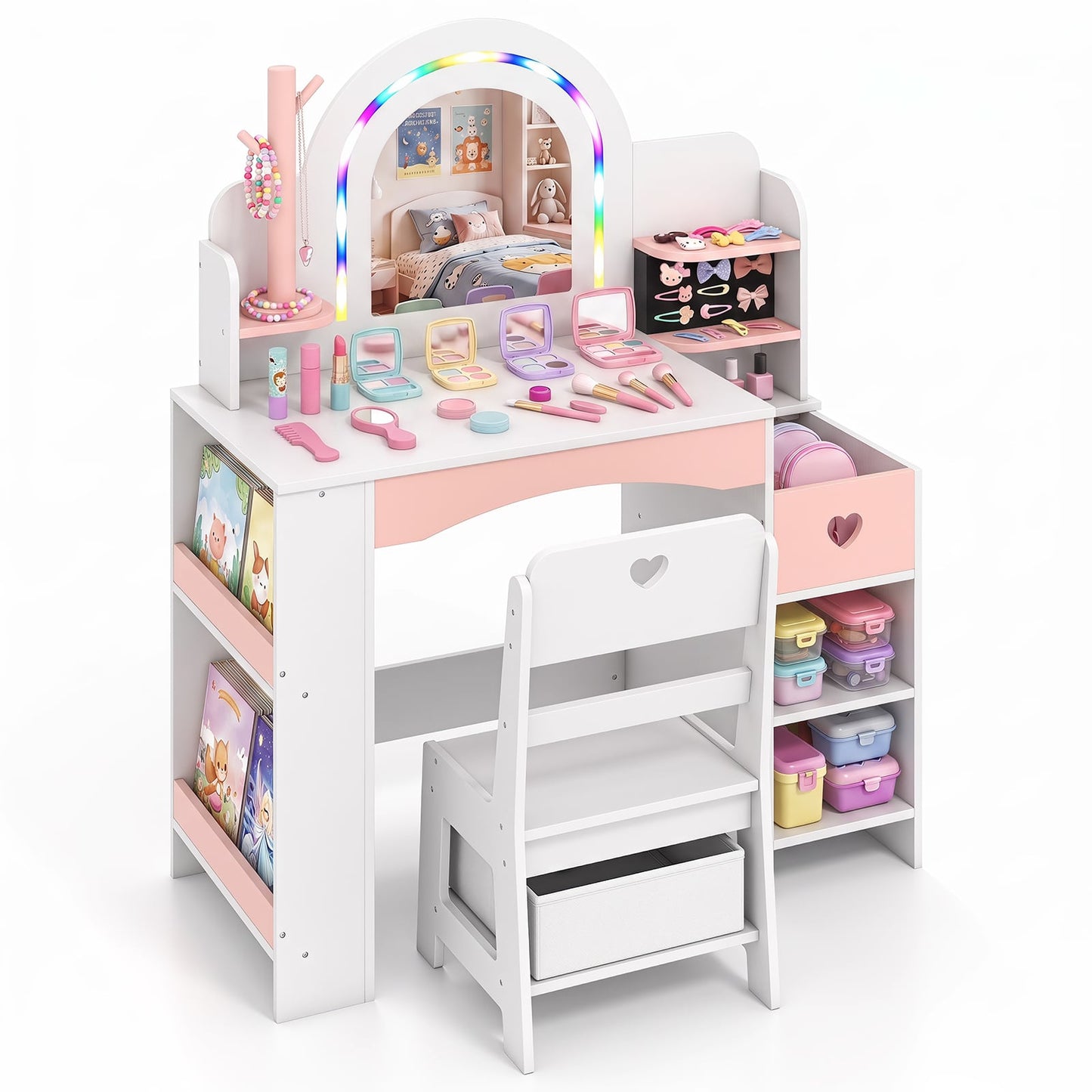 Kids Vanity Desk with Mirror Lights and Open Storage Shelves-White