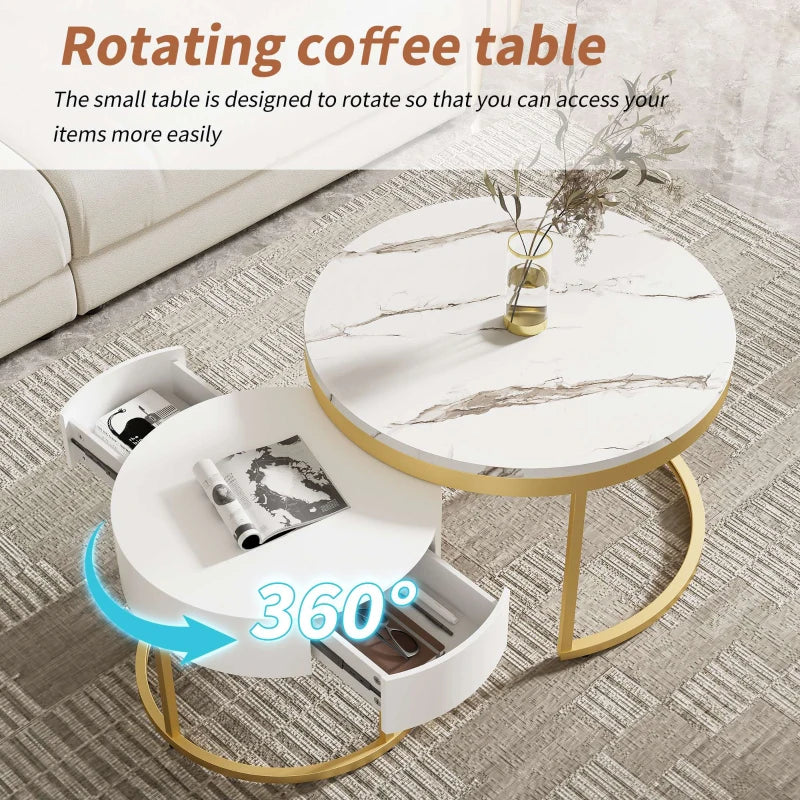 Rotating Round Marble Coffee Table Set, High Gloss Pattern with Golden Metal Frame, Set of 2, 70x70x45 cm + 50x50x38.5 cm, White