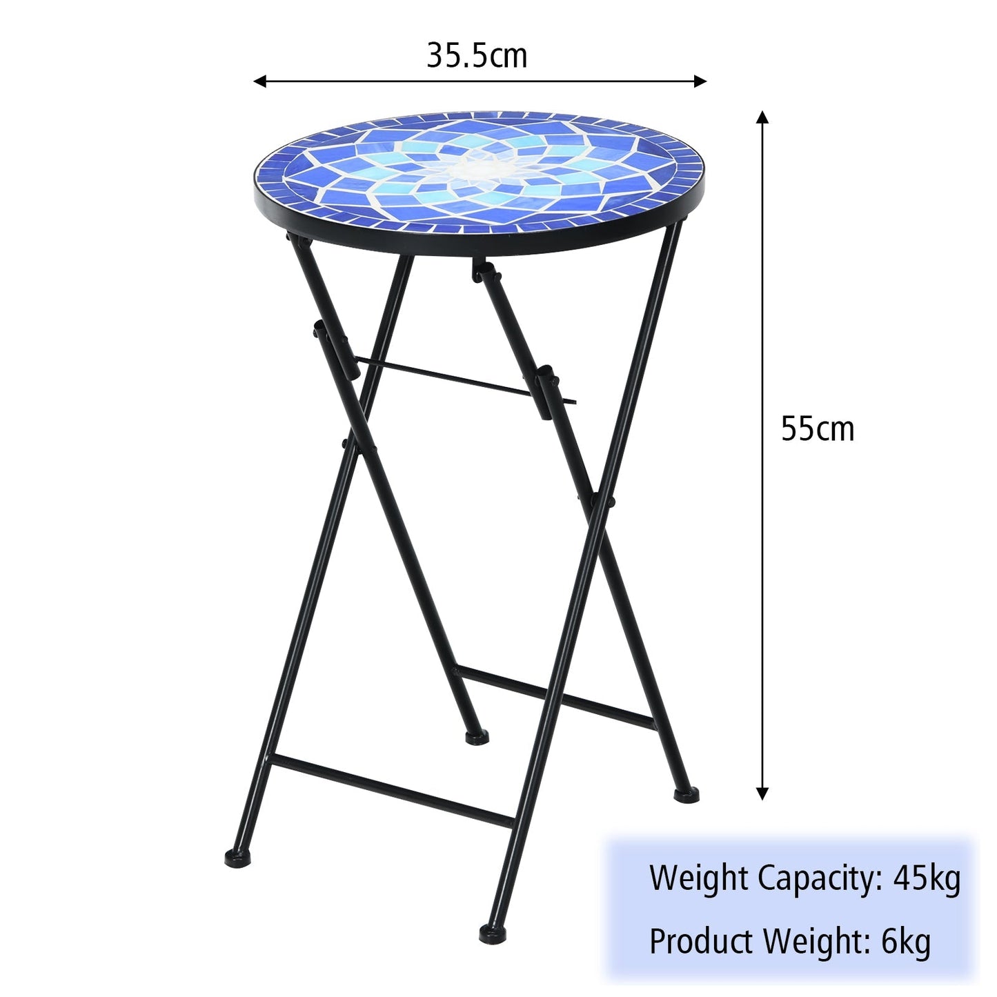 Folding Mosaic Side Table with Ceramic Tile Top and Non-slip Foot Mat-Blue Flower