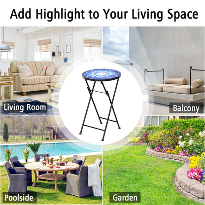 Folding Mosaic Side Table with Ceramic Tile Top and Non-slip Foot Mat-Blue Flower