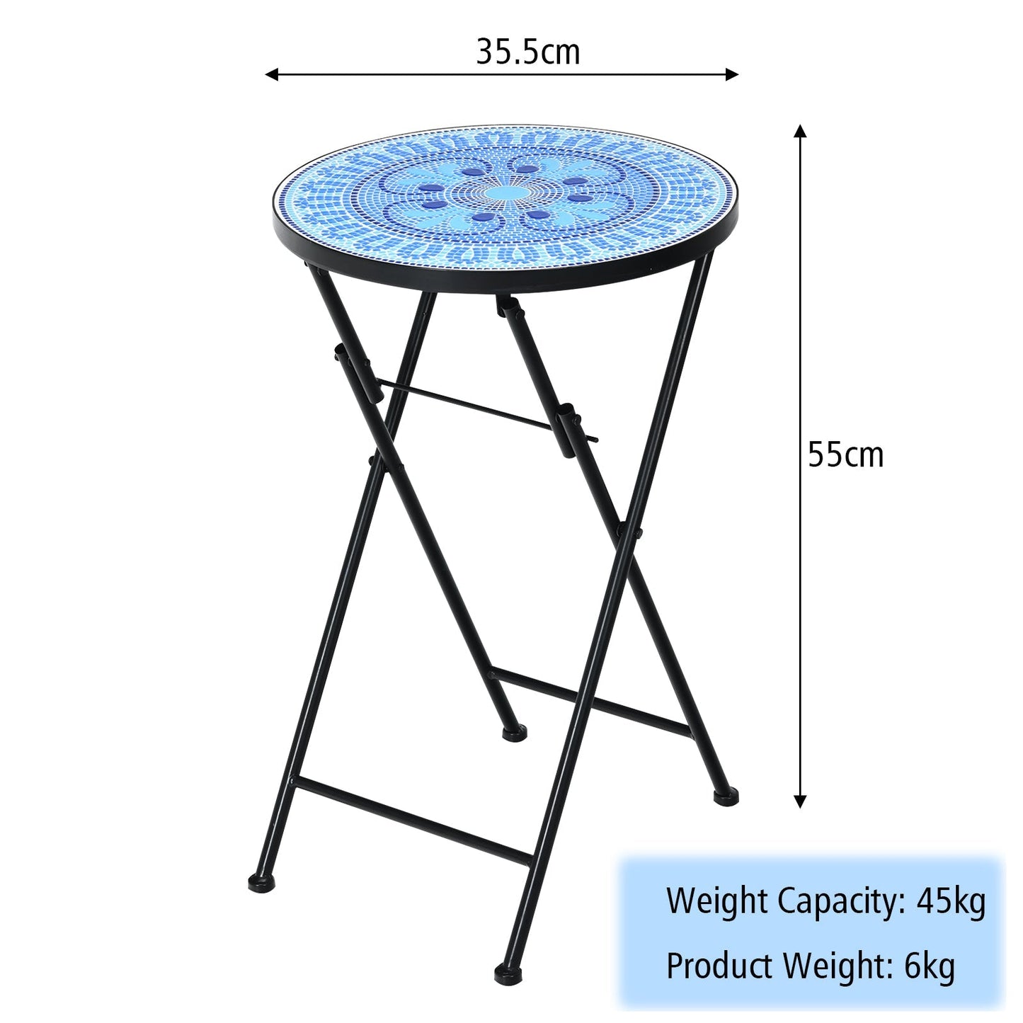 Folding Mosaic Side Table with Ceramic Tile Top and Non-slip Foot Mat-Blue Four Leaf Clover