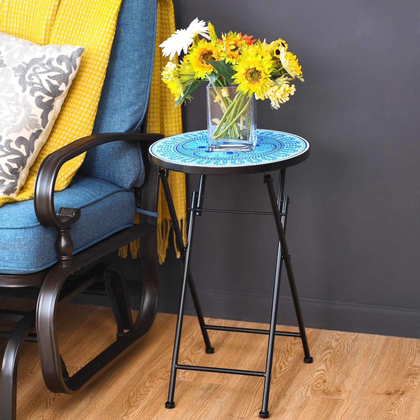 Folding Mosaic Side Table with Ceramic Tile Top and Non-slip Foot Mat-Blue Four Leaf Clover