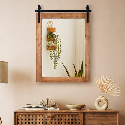 Wall Mounted Mirror with Solid Wood Frame and Metal Bracket-Brown