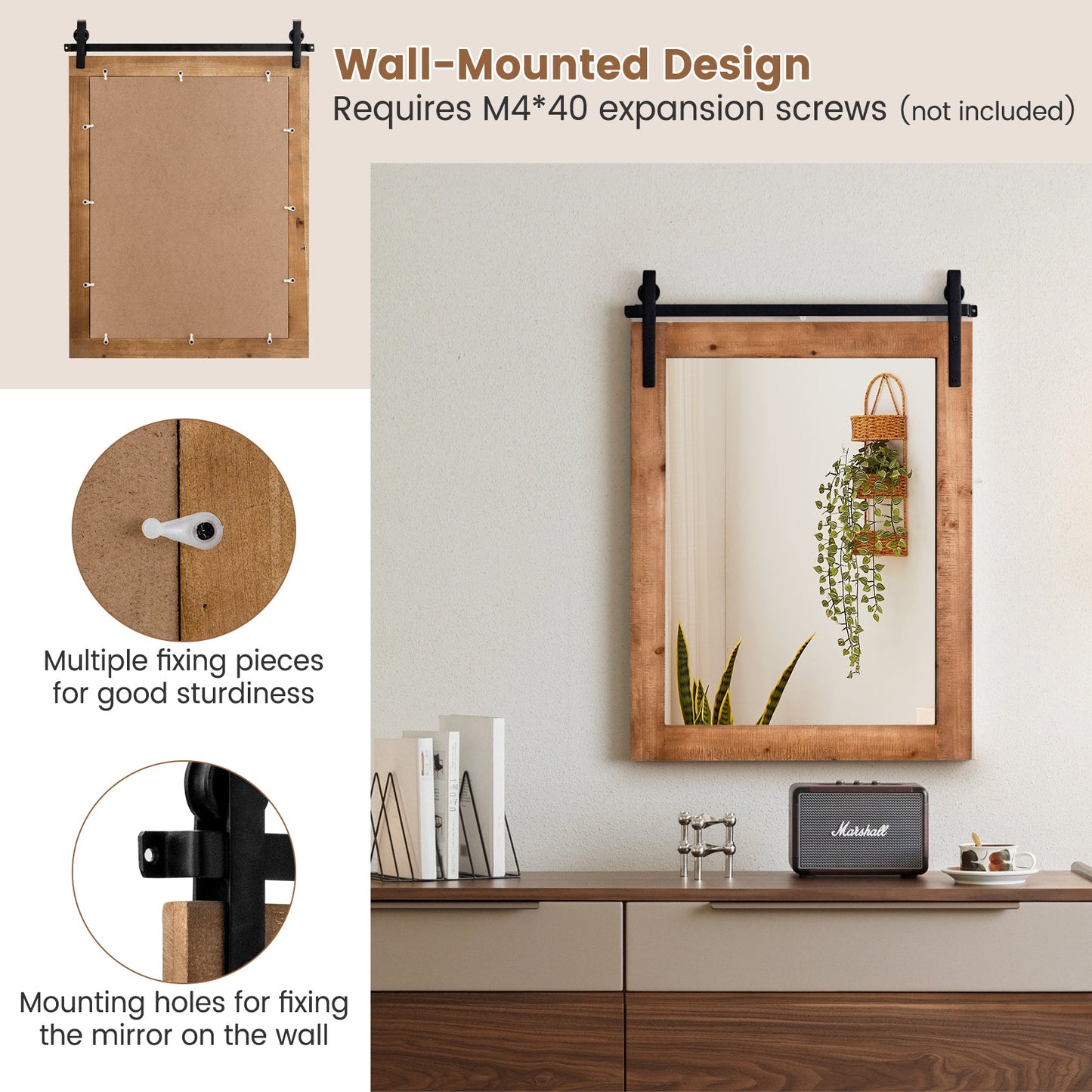 Wall Mounted Mirror with Solid Wood Frame and Metal Bracket-Brown