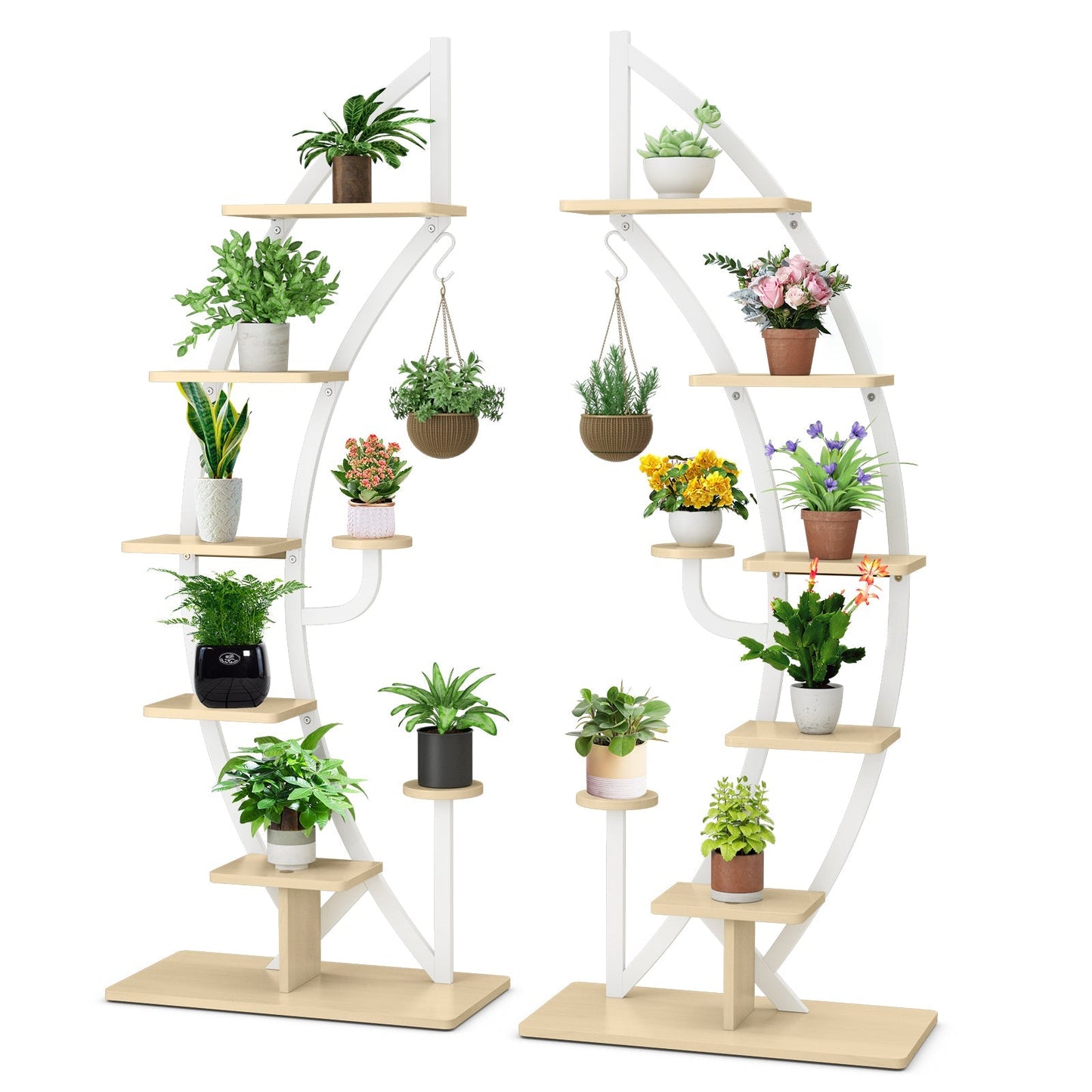 8-Tier Tall Wooden Curved Half-Moo Shape Plant Stand with Top Hook-White