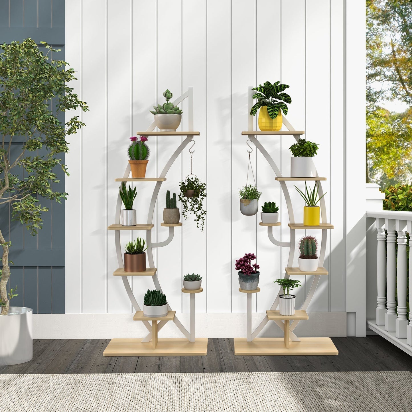 8-Tier Tall Wooden Curved Half-Moo Shape Plant Stand with Top Hook-White