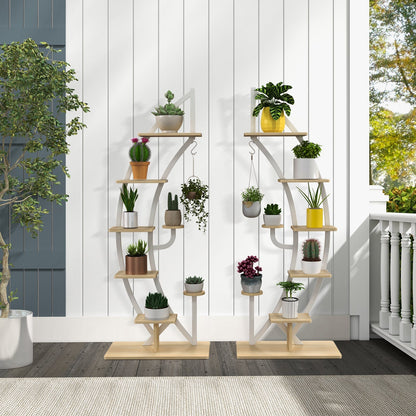 8-Tier Tall Wooden Curved Half-Moo Shape Plant Stand with Top Hook-White