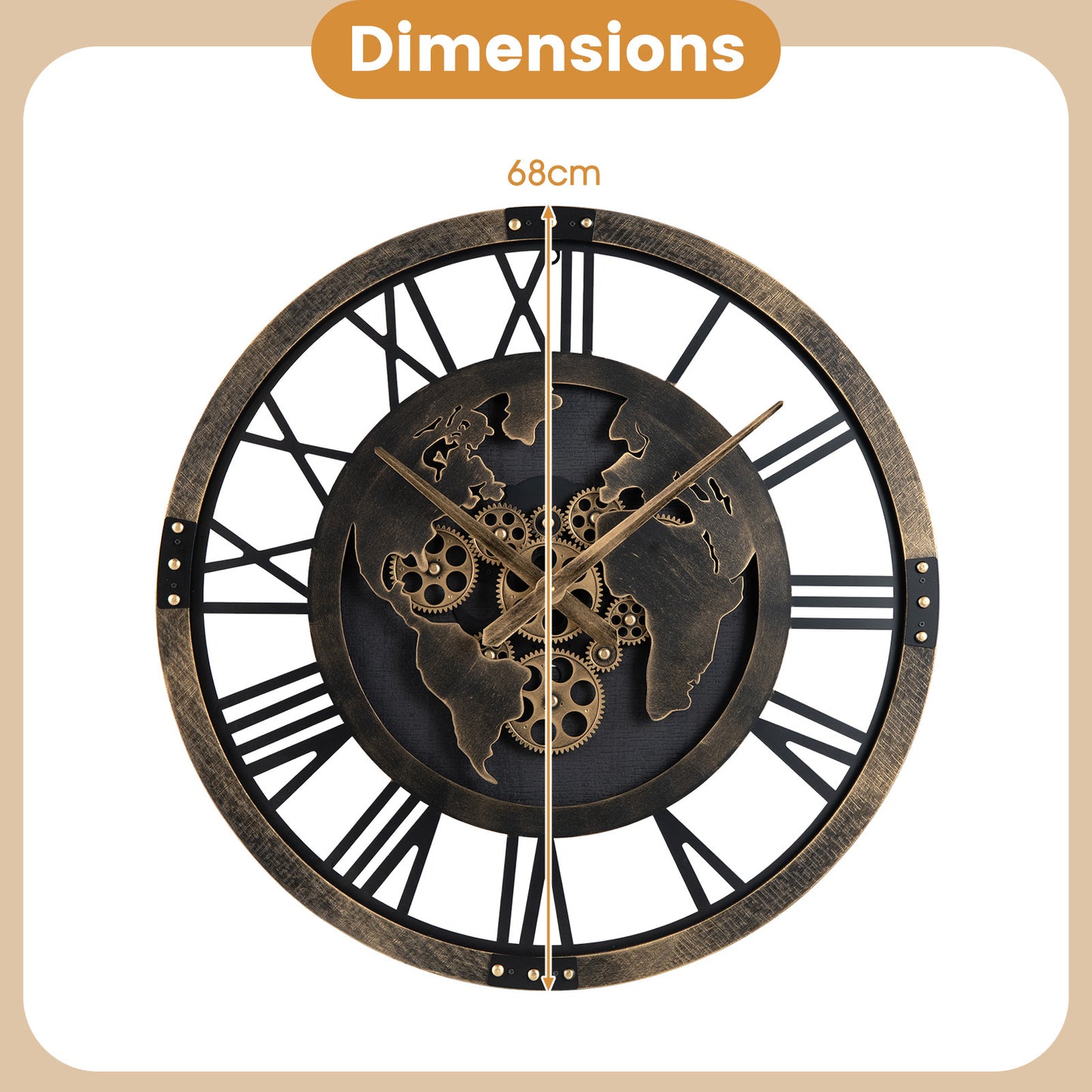 27” Large Wall Clock with World Map and Moving Gears-Brown