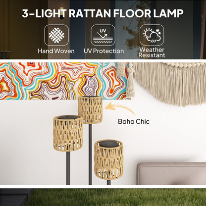 Lampa podłogowa Outsunny Boho Rattan, 3-lampowa lampa rattanowa z półką, wolnostojąca lampa ogrodowa solarna z automatycznym włączaniem/wyłączaniem, IP44 wodoodporna, na werandę, ścieżkę, taras, żółta