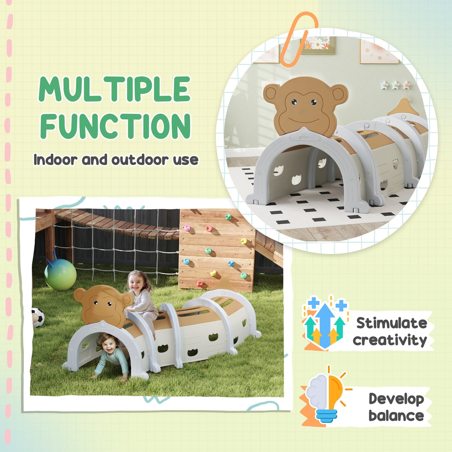 Tunel do zabawy dla dzieci AIYAPLAY Monkey-Design do raczkowania i wspinaczki, dla dzieci w wieku 3-6 lat, brązowy