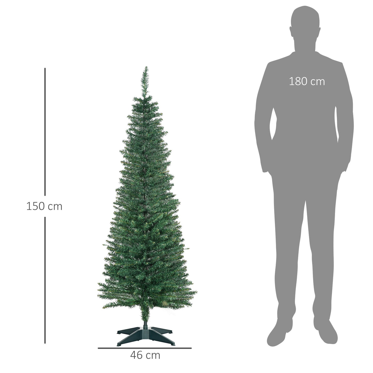 HOMCOM 5ft Unlit Artificial Christmas Tree, Pencil Slim Xmas Tree with Solid Stand and Realistic Branches, Green