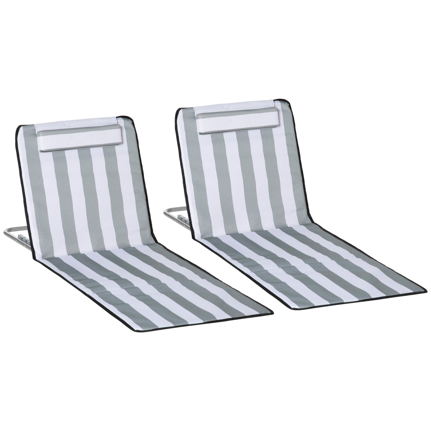 Outsunny Set of 2 Foldable Garden Beach Chair Mat Lightweight Outdoor Sun Lounger Seats Adjustable Back Metal Frame PE Fabric Head Pillow w/ Carry Bag, Light Grey