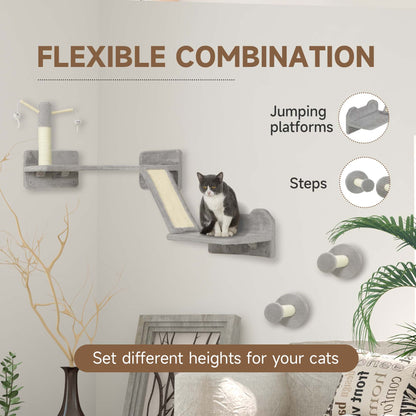 PawHut 3-Piece Cat Wall Furniture with Scratching Posts, Scratching Pads, Perches, Cat Wands, Toy Balls, Light Grey